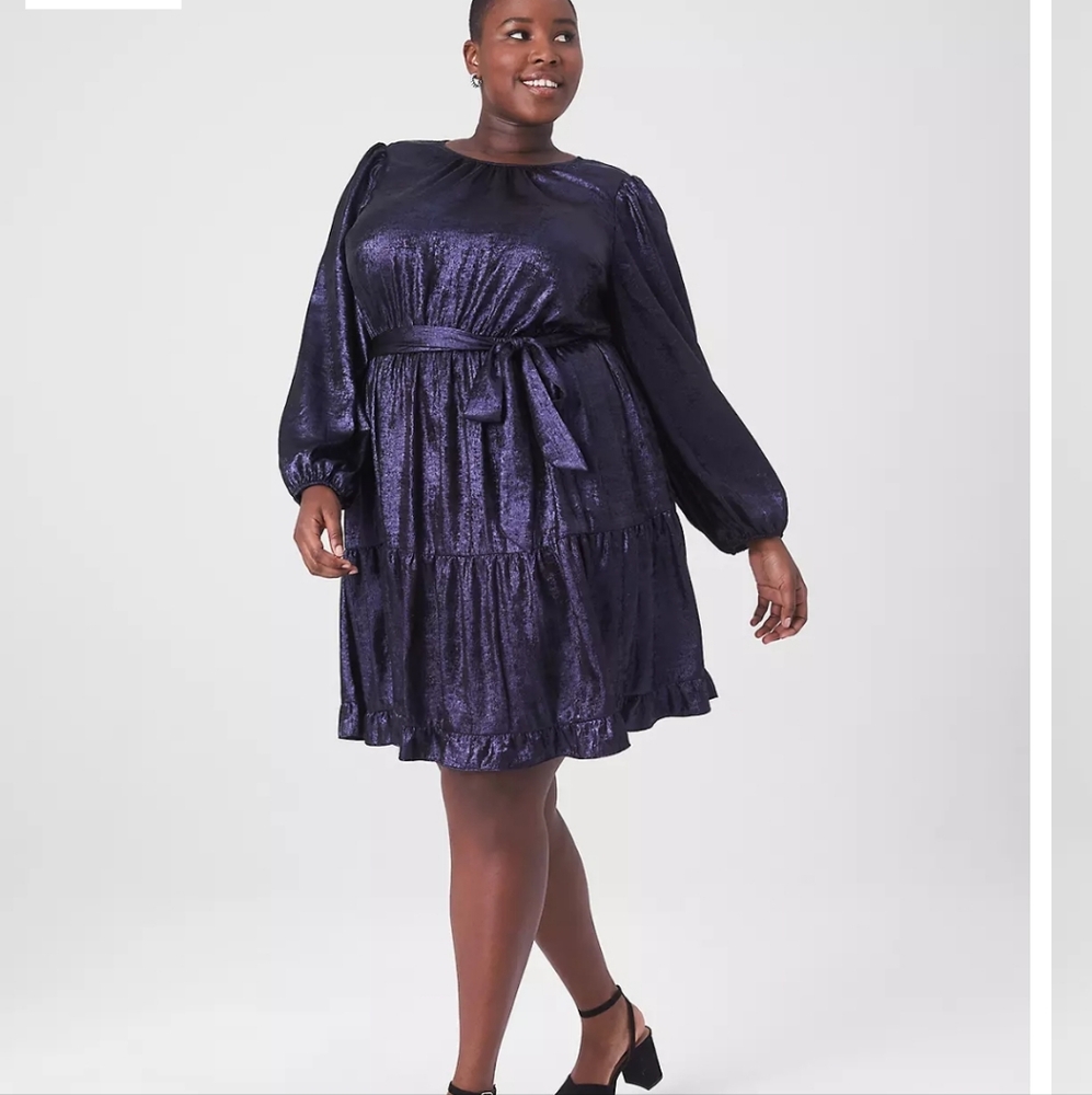 Lane Bryant shimmer Blouson Long Sleeve Belted Flare Dress Pockets Night Sky 18.